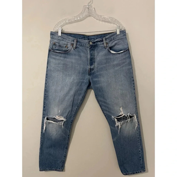 Levis 501 CT Jeans Men’s 36x27 Blue Button Fly Tapered Medium Wash Distressed - Picture 3 of 15